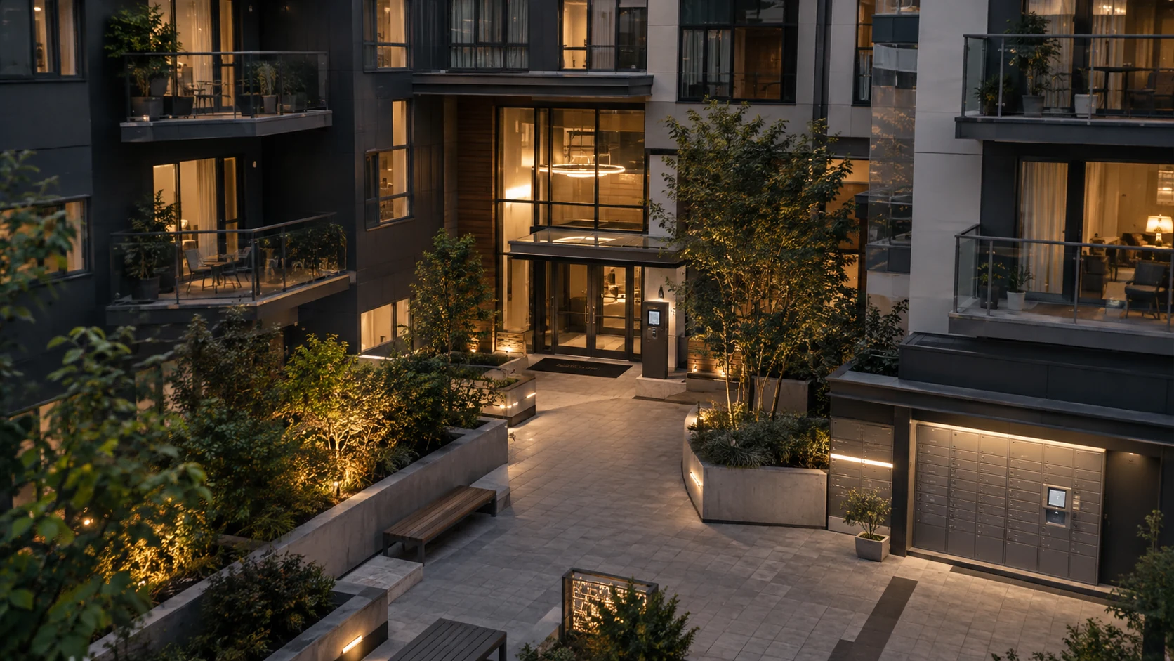 Apartment building entry and courtyard