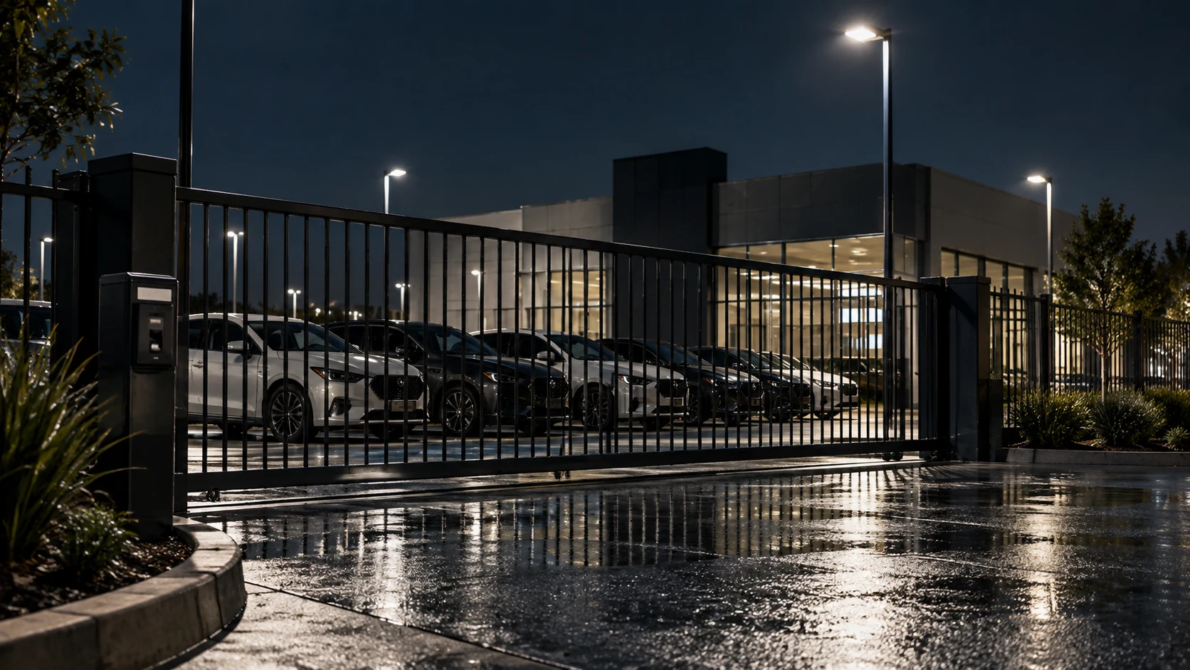 Dealership vehicle lot at night