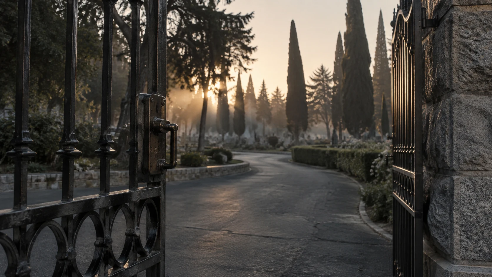 Cemetery grounds and tree-lined paths