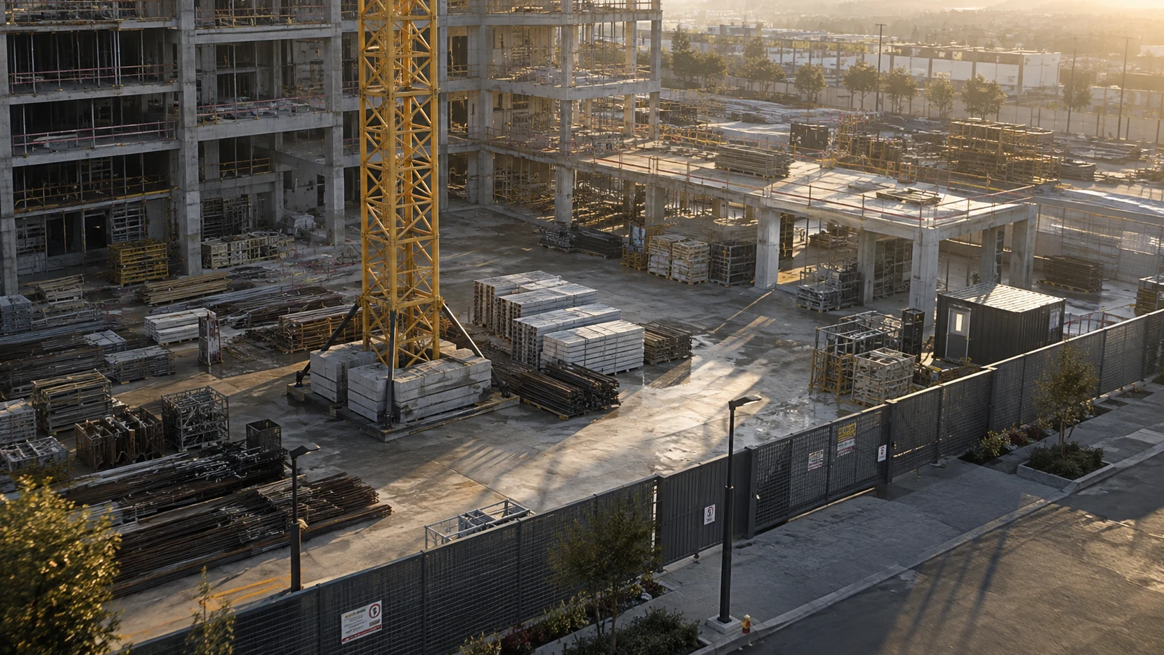 Active construction site with crane and fencing