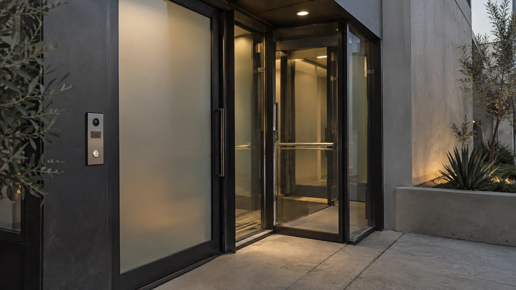 Frosted-glass entrance with a controlled access vestibule