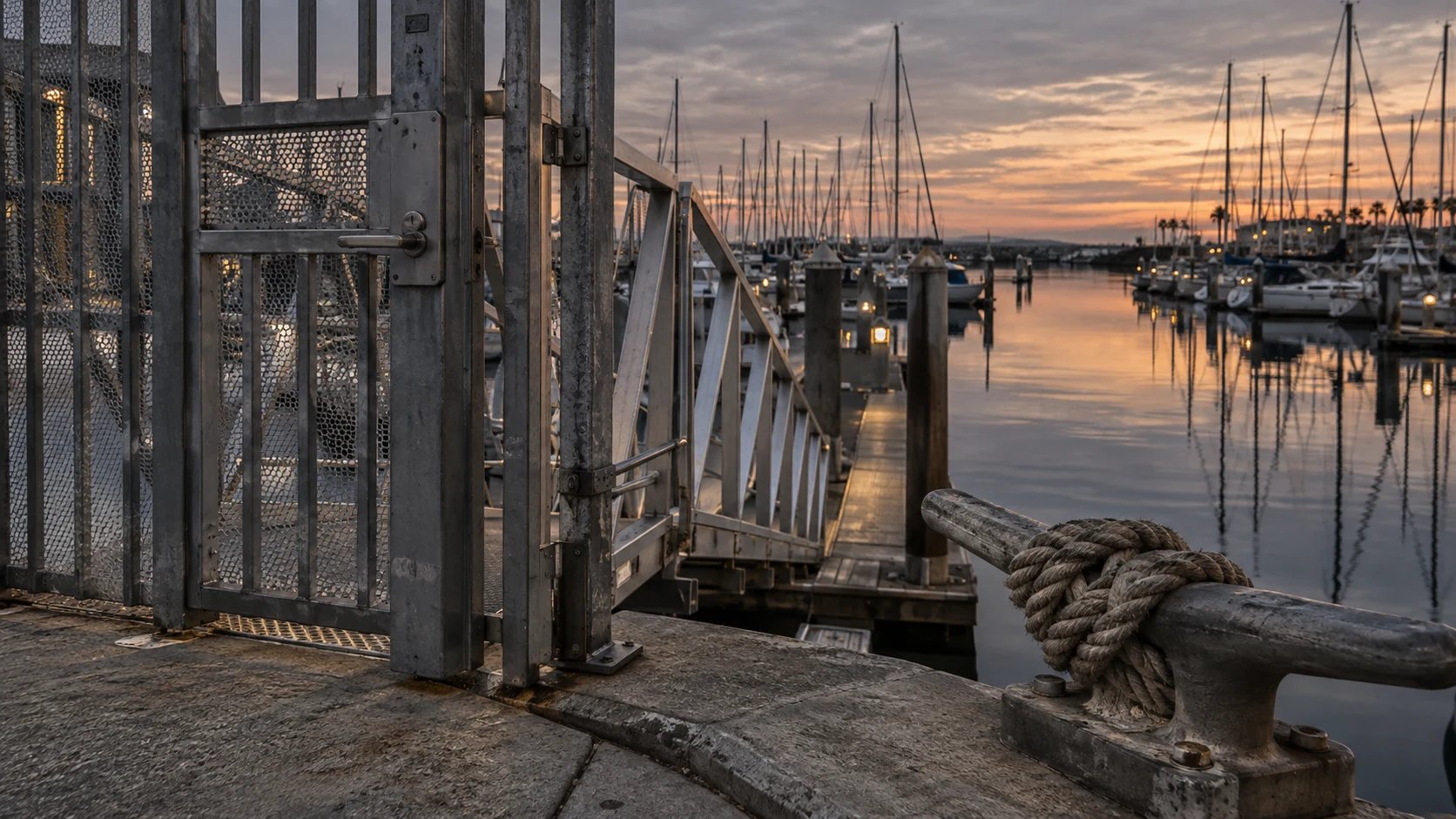 Marina docks and waterfront at dusk
