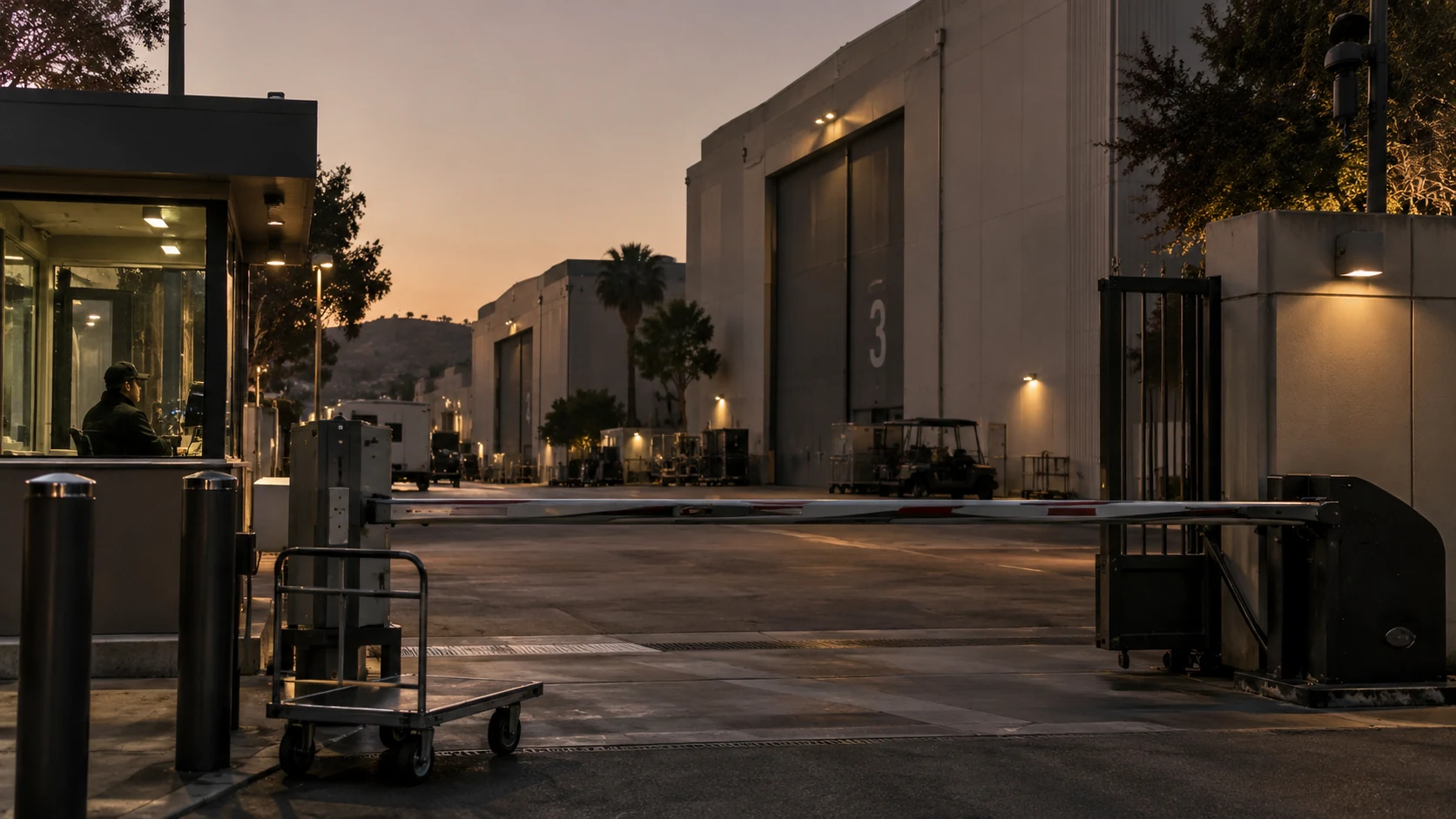 Studio backlot gate and soundstage entrance at dusk