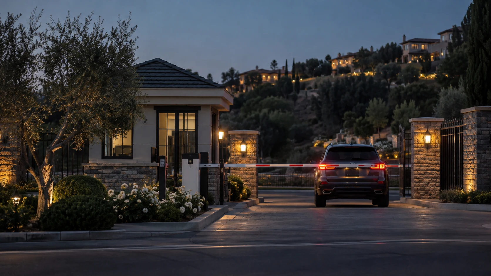 Gated community entry with guard house