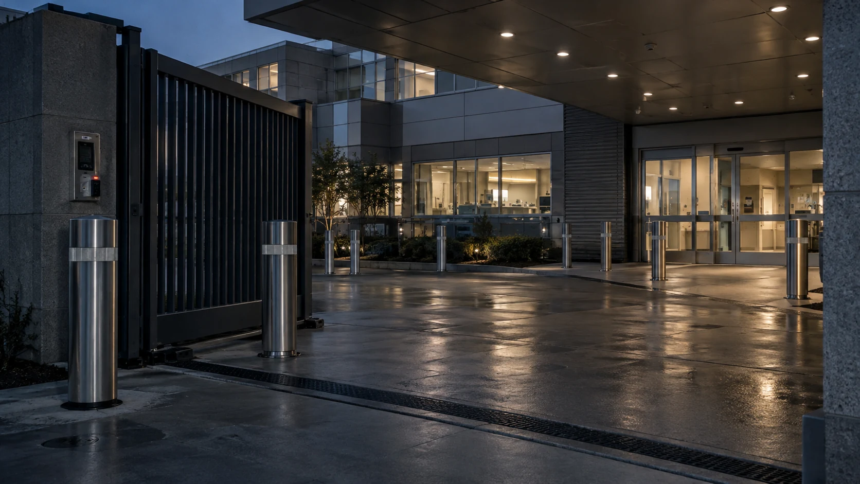 Hospital access gate, bollards and clinical entrance at dusk
