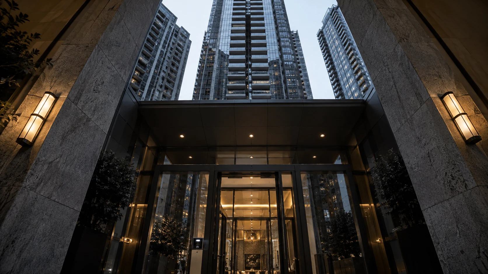 High-rise building facade and lobby entry