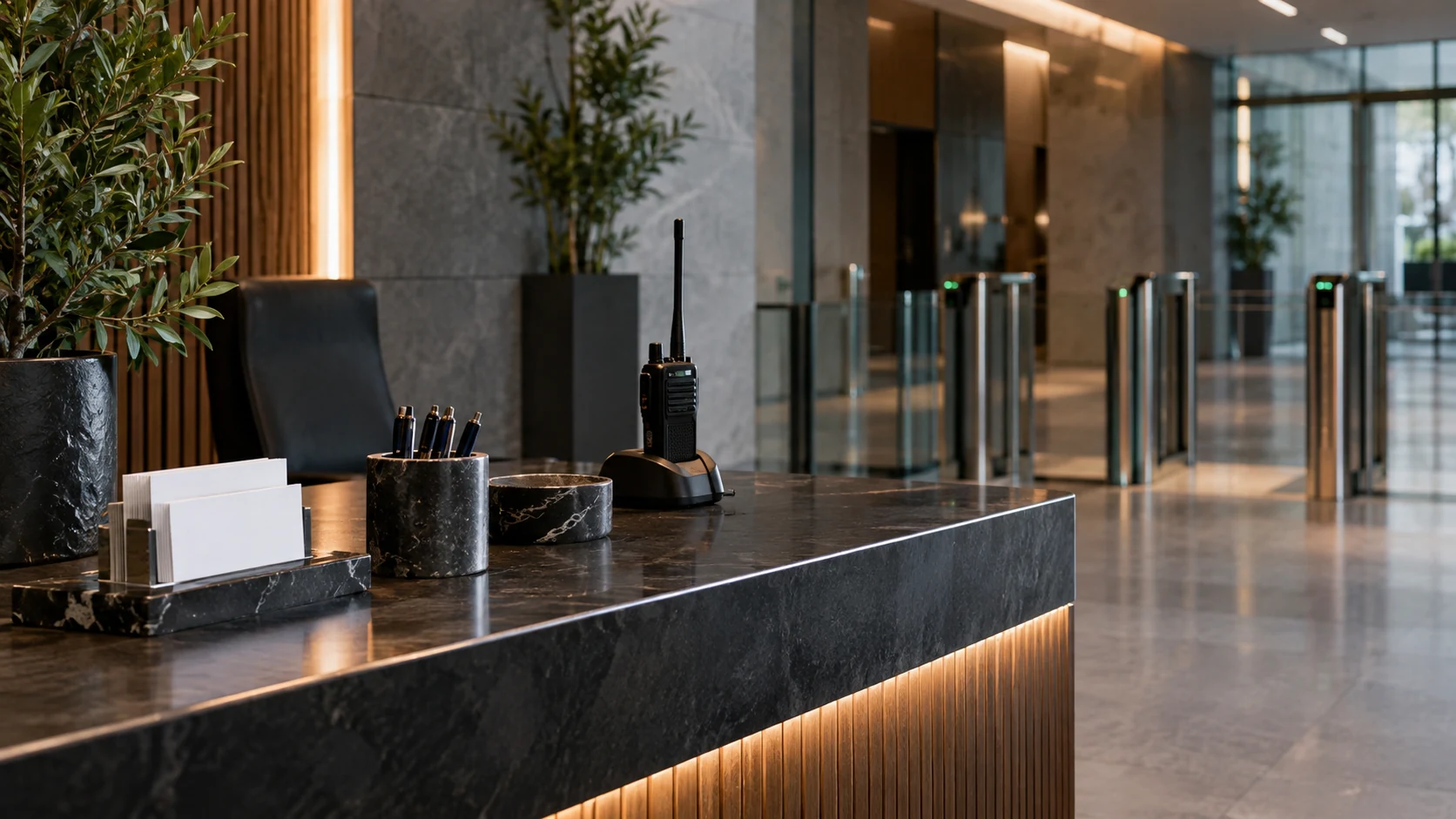 Reception desk controlling building entry