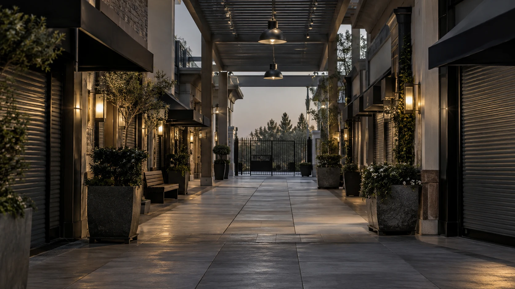 Covered retail promenade with closed storefronts