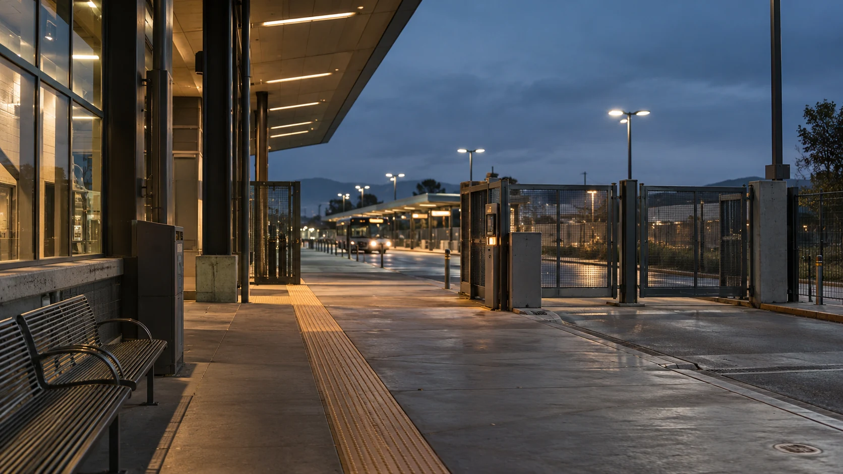 Transit terminal service gate and platform at blue hour