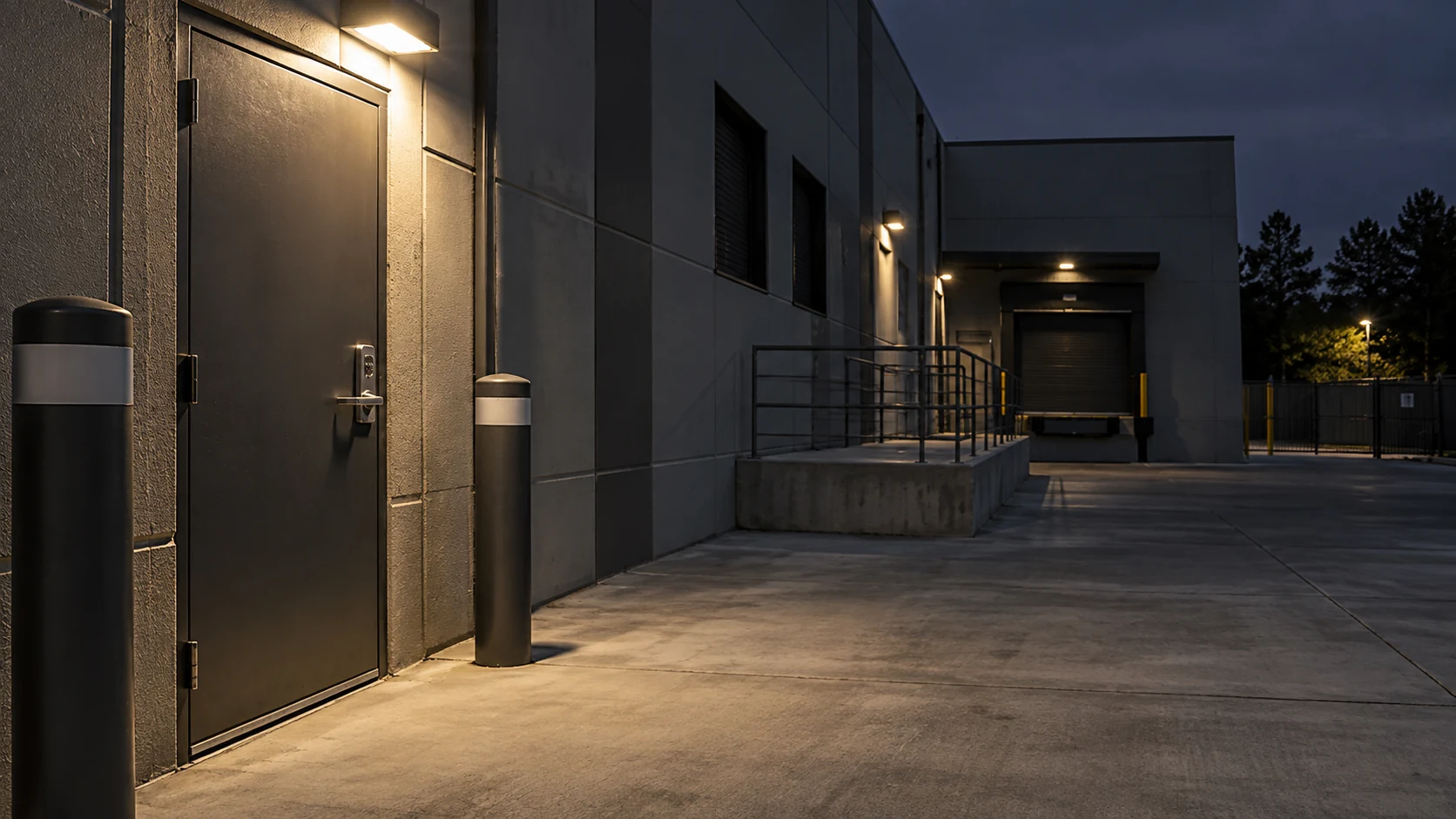 Secured rear door and empty commercial loading apron