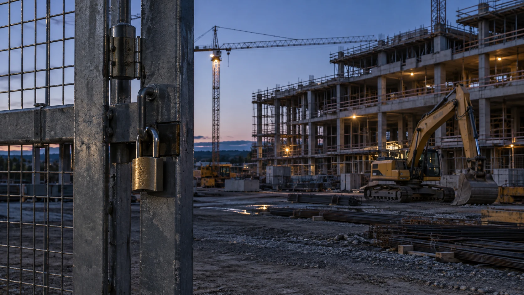 Crane and equipment behind a fenced construction perimeter