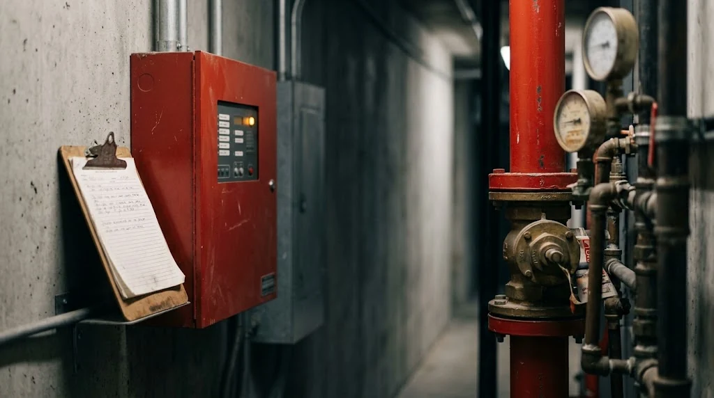 Fire protection control panel during an inspection
